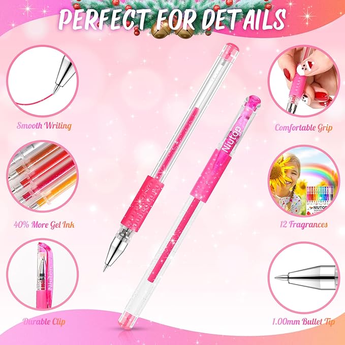Niutop Coloured Pen Stocking Stuffers for Adult, 12-Color Scented Glitter Gel Pens,Coloring Markers Colored Pen Set, Drawing pens Joumaling Supplies Fun Stationary, Gel Roller Pens, Halloween Gifts