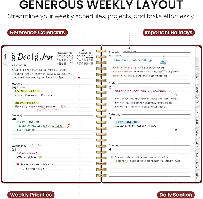2026 Planner, Weekly and Monthly Calender Planner, Jan 2026 to Dec 2026, Hardcover 2026 Calendar Book with Tabs & Inner Pocket, Office Home School Supplies for Women & Men - A5 (6.3" x 8.5"), Burgundy