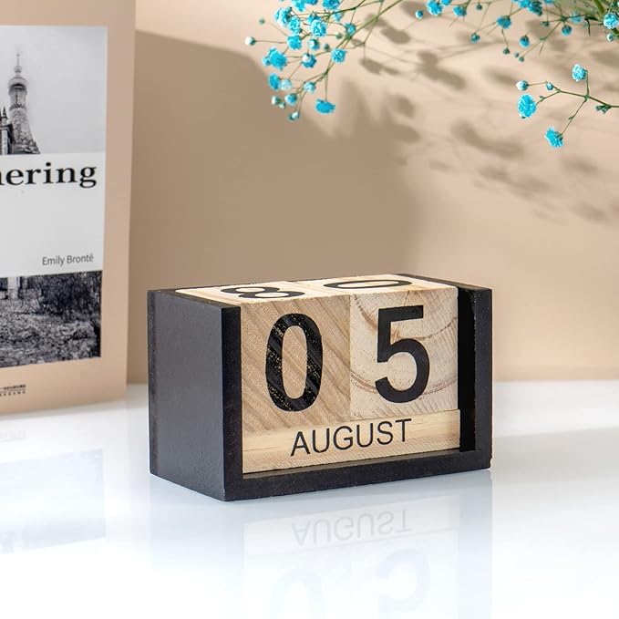 Notakia Wooden Gaobei Desk Blocks Calendar Perpetual Block Month Date Display (Large Black Wood Color)