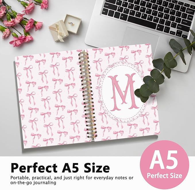 LIANGW Pink Bow Journal Notebook for Teen Girls,Initial M Journals Personalized Diary Gifts for Teen Girl Kids, Monogrammed Gifts for Women, Coquette Cute Hardcover Spiral Notebook 5.5 x 8.3
