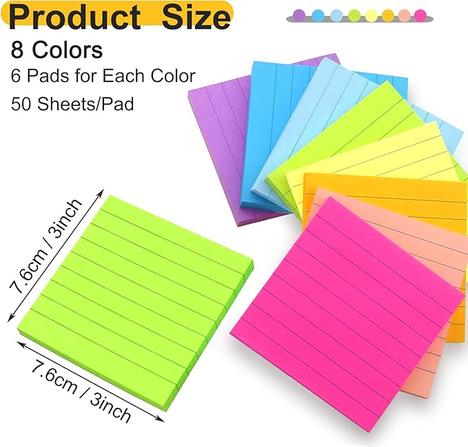 48 Pack Lined Sticky Notes 3x3 in, 8 Colors Self Sticky Notes with Lines, Post Stickies Colorful Sticky Memo Note Pads for School and Office Supplies, Multicolor