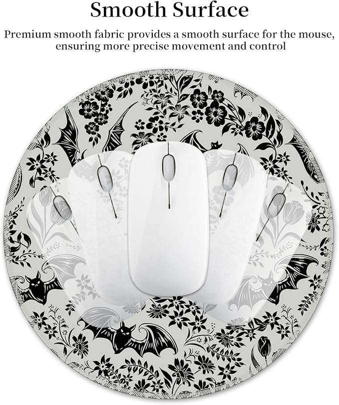 Goth Bat Floral Mouse Pad for Desk, Gothic Small Cute Mousepad with Non-Slip Base, Round Mouse Pads for Wireless Mouse Laptop Gaming, Computer Mouse Mat for Office Decor Desk Accessories