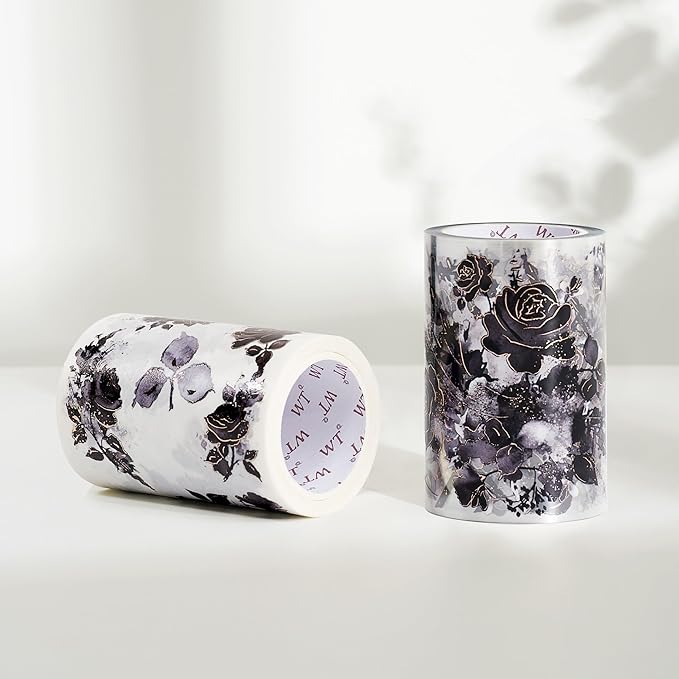 WT Rose Noir Wide PET Tape Gilded,Single Roll,Original Designs,Black Floral Decors,Transparent Clear Adhesive Tape,Gold Foil,Scrapbooks Junk Bujo Journals Planners DIY Crafts Supplies Gifts