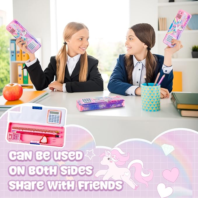 Henoyso Multifunctional Pencil Box for Girls Unicorn Pencil Case with Calculator and Sharpener Cool Cute Pencilcase School Supplies Essentials Valentine's Day Birthday Gift Present for Kids Teens