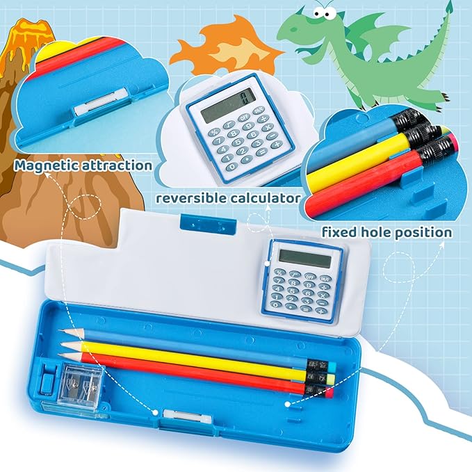 Henoyso Multifunctional Pencil Box for Boys Dinosaur Pencil Case with Calculator and Sharpener Cool Cute Pencilcase School Supplies Essentials Christmas Birthday Gift Present for Kids Teens