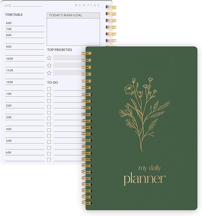 Undated Daily Planner with Hourly Schedule, 5.71" X 8.35" Daily To DO List Noteboook Set Goals A5 Daily Personal Organizer Notepad for School Work Office Improve Efficiency Planner, Green