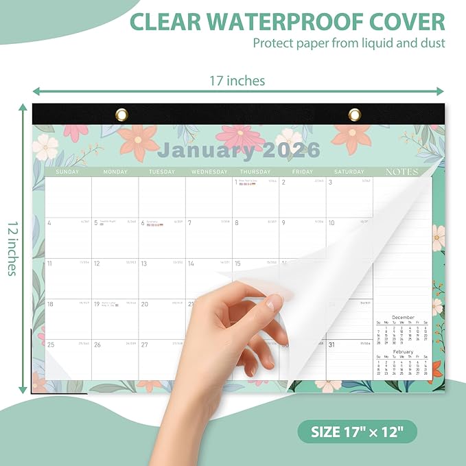 2026 Desk Calendar, Monthly Desk Pad Calendar, Jan 2026 - Jun 2027, Large Size 17"x12" Table Planner with Protect Paper, Stickers, Office Supplies and Desk Accessories for Women (Flower-E)