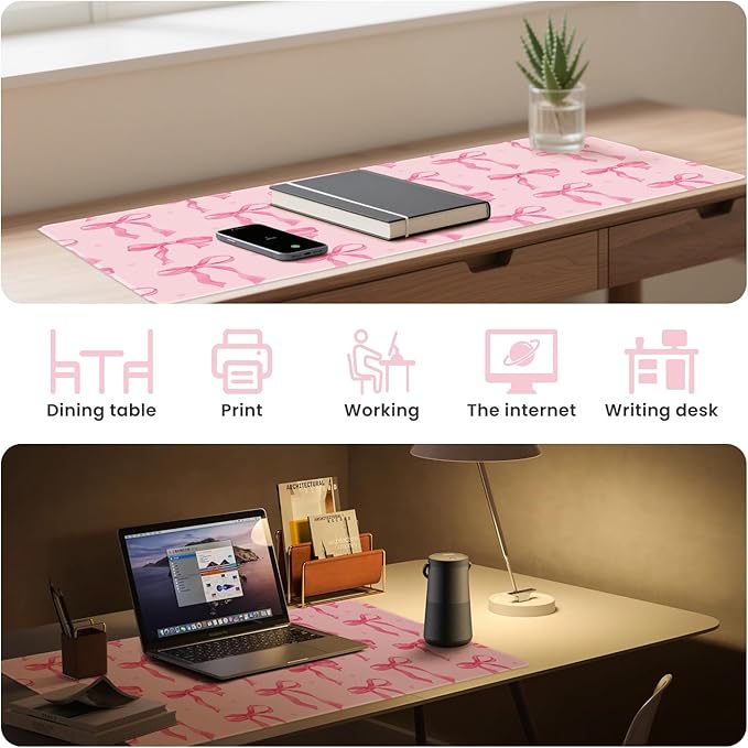 Large Mouse Pad, Pink Bows Desk Mat Cute Pink Office Accessories, Non-Slip Rubber Base Gaming Mousepad Coquette Keyboard Mat for Laptop Computer PC, Desktop Mat Girly Office Décor 23.6 x 11.8in