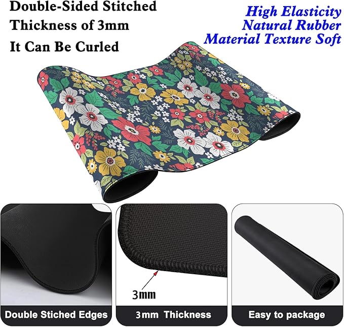 Colorful Floral and Green Leaves Desk Pad Mouse Pad,Flowers XL Mouse Mat with Stitched Edges,Non-Slip Rubber Base Large Mousepad for Office PC Keyboard Laptop and Homework Desk Mat(31.5X11.8 in)