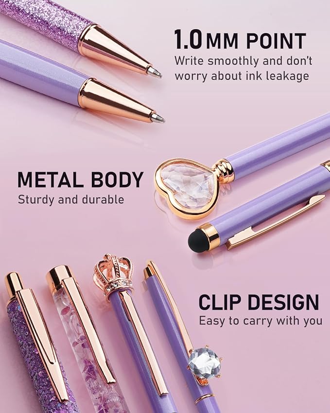 WEMATE 8Pcs Purple Pens, Metal Crystal Diamond Pen with Black & Blue Ink, Pens for Journaling, Office Supplies Fancy Pens for Women, Back to School Supplies for Girls Birthday (Purple)