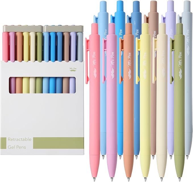 Mr. Pen Retractable Gel Pens - 12 Pack, Black Ink, Pastel Barrel, Fine Point 0.5mm, Retractable, Cute Pens for Journaling