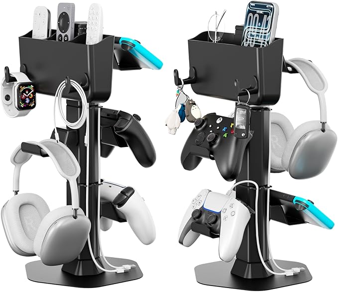 Headphone and Controller stand, Headphone Stand for Desk, PS5/PS4/Xbox/Switch Game Controller Holder, Gaming Headset Stand with Storage Box and Two Hooks for Remote Control Watch Cable Key Chain