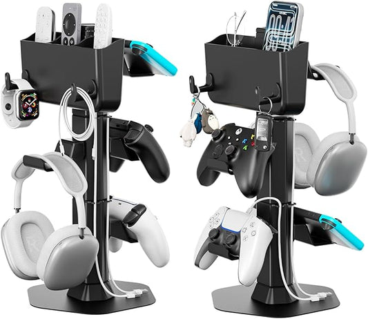 Headphone and Controller stand, Headphone Stand for Desk, PS5/PS4/Xbox/Switch Game Controller Holder, Gaming Headset Stand with Storage Box and Two Hooks for Remote Control Watch Cable Key Chain