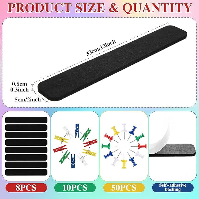 8 Pcs Felt Pin Board Bar Strips Bulletin Board 50 Pushpins and 10 Wooden Clip Pins Self Adhesive Cork Boards for Offices Home Wall Display Photos, Paste Notes, Schedules(Black)