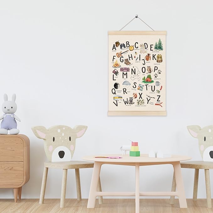 Koesus Camping Alphabet Nursery Wall Art Poster Hanger Frame 12x16 Inch, Camper RV Decor, ABC Educational Learning Canvas Pictures Prints Framed Wall Decor for Kids Room Nursery Preschool Classroom