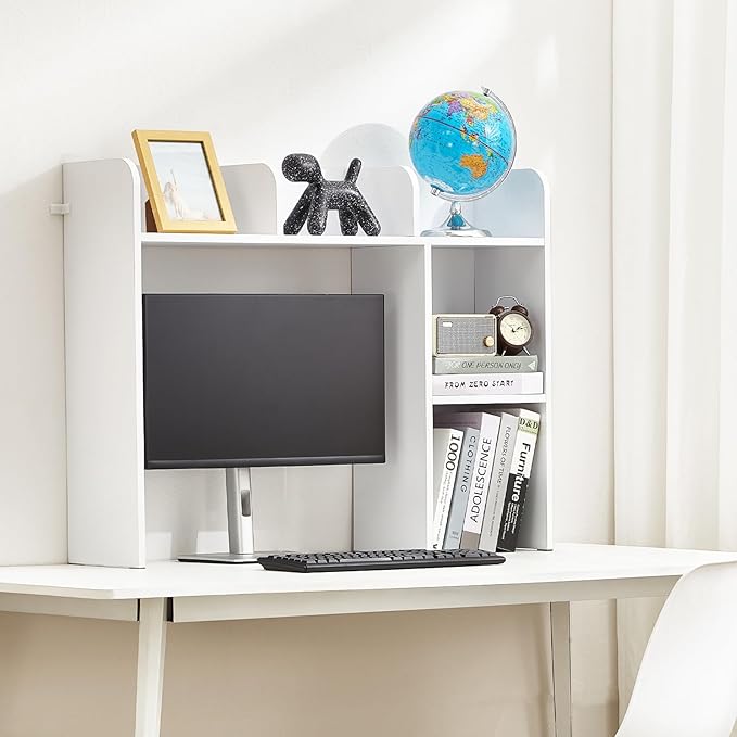 VEVOR Wood Desk Shelf, Desktop Bookshelf, Desk Storage Hutch with 6 Shelves, Office Countertop Organizer 3-Tier Display Rack, with Anti-Slip Feet Pads, for Office, Home & Dorm, White