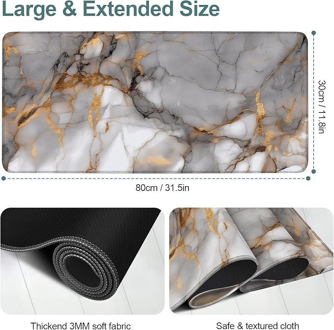 Marble Stripes Extended Gaming Mouse Pad 31.5x11.8inches Large Desk Mat Anti-Slip Rubber Base & Durable Stitched Edges for Gamers Smooth Mouse Writing Surface for Desk Office/Home