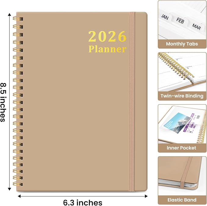 2026 Planner, Weekly and Monthly Calendar Planner, January 2026 - December 2026, Hardcover 2026 Calendar Book with Tabs For Women & Men, Inner Pocket, Spiral Bound, Perfect for Office Home School Supplies - A5 (6.3" x 8.5"), Oat Brown