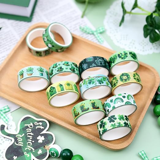 St. Patrick's Day Washi Tape Set, 12 Rolls Green Themed Decorative Tape Shamrocks Lucky Masking Tape for Journaling Supplies, Junk Journal, Scrapbooking, DIY Arts & Crafts, Gift Wrapping