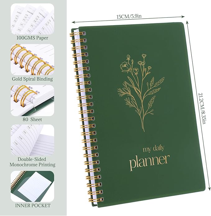 Undated Daily Planner with Hourly Schedule, 5.71" X 8.35" Daily To DO List Noteboook Set Goals A5 Daily Personal Organizer Notepad for School Work Office Improve Efficiency Planner, Green