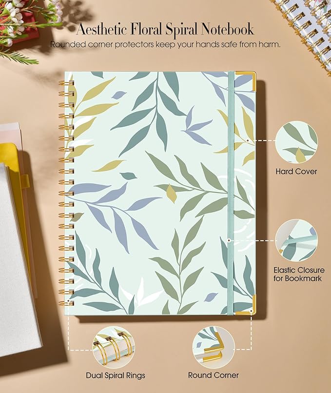 Aesthetic Spiral Notebook Journal for Women, 200 Pages Lined Notebooks 8.5” x 11”, A4 Large Hardcover Spiral Journals with 100 GSM Thick Paper, Cute College Ruled Notebook for Writing Work School