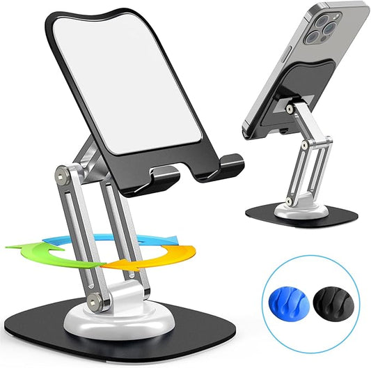 Cell Phone Stand, Fully Adjustable Foldable Desktop Phone Holder, 360 Degree Rotating Desktop Phone Stand for Recording Compatible with iPhone 16 15 14 13 12 Pro Xs Max Xr, White