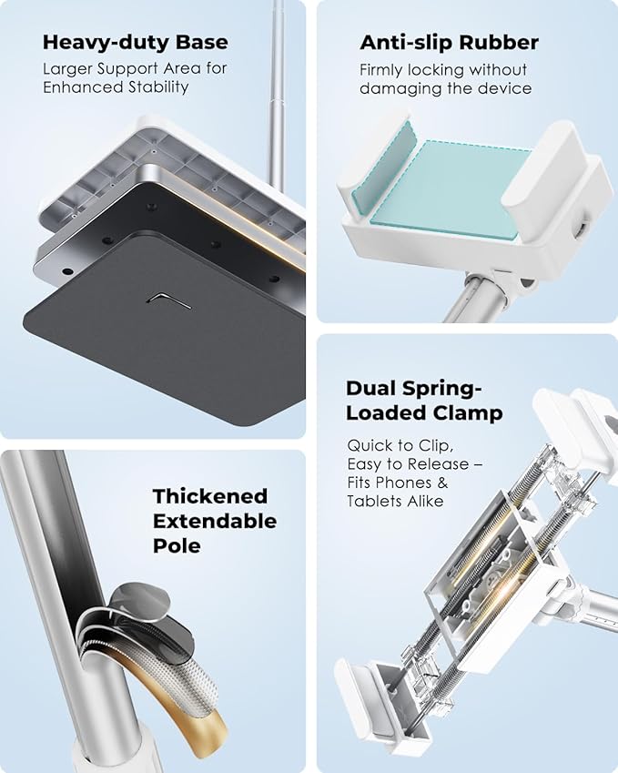 Viozon Tablet Floor Stand, Height & Angle Adjustable Tablet Holder with Aluminum Alloy Arm Tube, 360° Rotation for Bed, Sofa, Desk, Compatible with 3.5-11'' iPad Pro/Air/Mini, iPhone 15/14, Kindle.