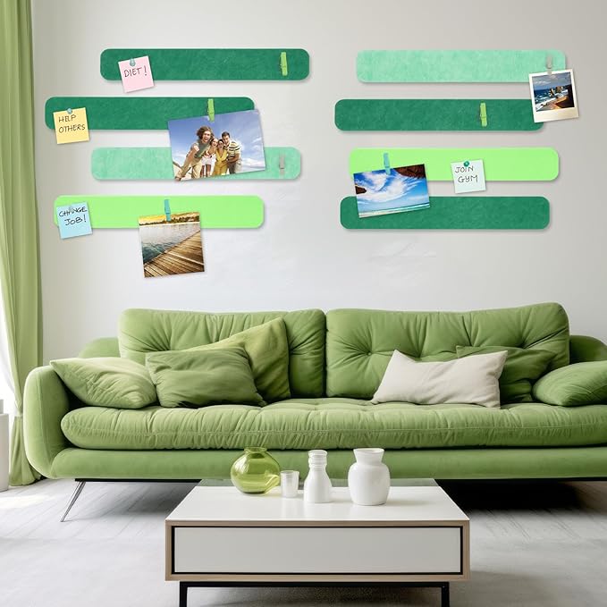 8 Pcs Felt Pin Board Bar Strips Bulletin Board 50 Pushpins and 10 Wooden Clip Pins Self Adhesive Cork Boards for Offices Home Wall Display Photos, Paste Notes, Schedules(Green)