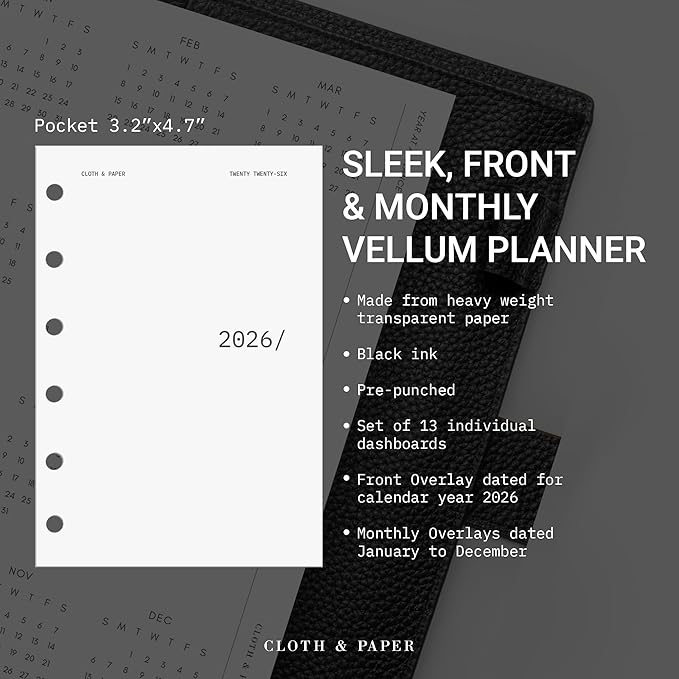 Cloth & Paper 2026 Front & Monthly Vellum Planner Dashboard Overlays | Pocket Size 3.2 x 4.7 Inches | 13-Piece Set for 6-Ring Pocket Planners, Undated, Transparent Heavyweight Paper, Pre-Punched