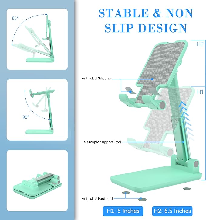 Cell Phone Stand, Adjustable Angle and Height Cell Phone Holder for Desk, Foldable and Portable, Anti-Slip Silicone Pad, Compatible with All Mobile Phones and 4-8 Inch Devices, Green