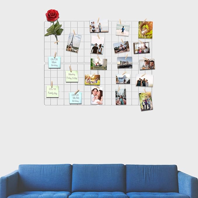 Wire Wall Grid Panel for Photo Display, DIY White Iron Picture Frames Collage for Hanging Wall Decor, Foldable Multi Pictures Organizer with 12 Clips, 31'' X 24'' Inch. (2 Pack)