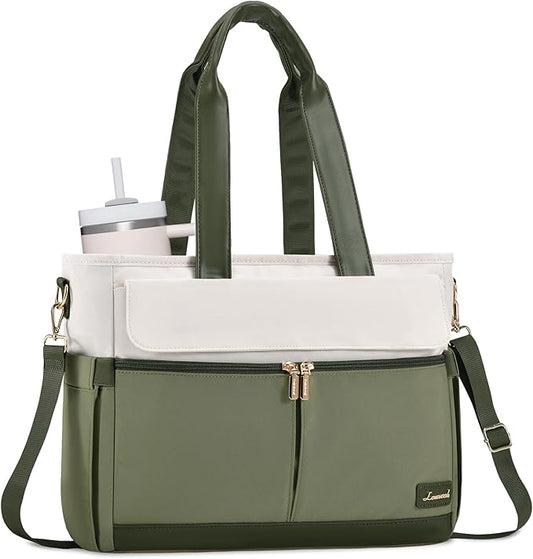 LOVEVOOK Upgrade Version Work Bags for Women 15.6 Inch Laptop Bag Large Capacity Mutiple Pockets Teacher Bag Water Resistant Canvas Tote Bag Purse for Office Travel College Nurse Teacher, Green Beige