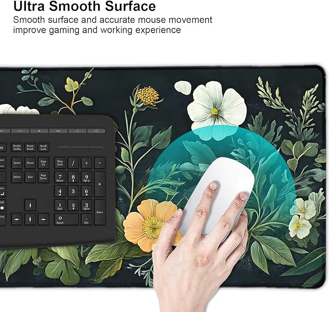 Vintage Wildflowers Flower Floral Large Mouse Pad, Desk Mat Computer Keyboard Pad Non-Slip Rubber Base Waterproof with Stitched Edges for Laptop Gaming, Office & Home 31.5 x 11.8 Inch