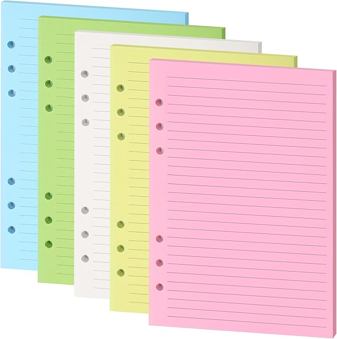 Lined Refill Paper, A5 Planner Inserts, Colorful Ruled Journal Fillers for 6-Ring Binder,5-color 120 GSM Thick Loose Leaf Paper,50 Sheets/100 Pages(50, A5（8.26x5.6in）)