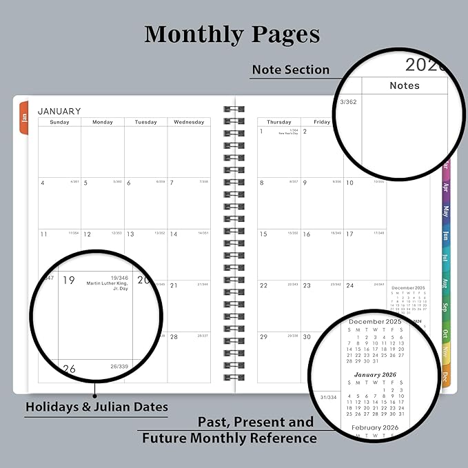 2026 Planner - Planner 2026 with Weekly & Monthly Spreads, Jan 2026 - Dec 2026, 6.25" × 8.3", Strong Twin-Wire Binding, Round Corner, Flexible Cover, Monthly Tabs - Grey