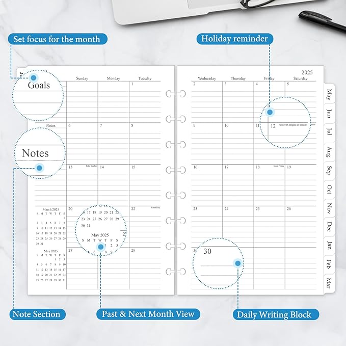 2025-2026 Monthly Planner Refill, Planner Inserts for 8-Disc Discbound, 5.5"x8.5", July 2025 - June 2026, 12 Monthly Calendars with Laminated Tabs