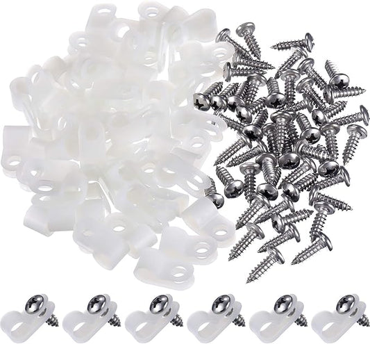 Hicarer 50 Pack R-Type Cable Clip Wire Clamp, Nylon Screw Mounting Cord Fastener Clips with 50 Pack Screws for Wire Management (White,1/4 Inch)