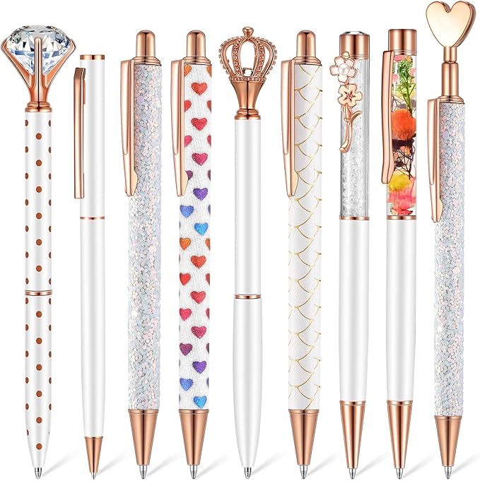 Janmini 9 Pcs Ballpoint Pens Set Metal Crystal Diamond Glitter Pens for Journaling Black Ink Pretty Cute Things Fancy Stationery Gifts for Women Girls Birthday Home Office Desk(White)