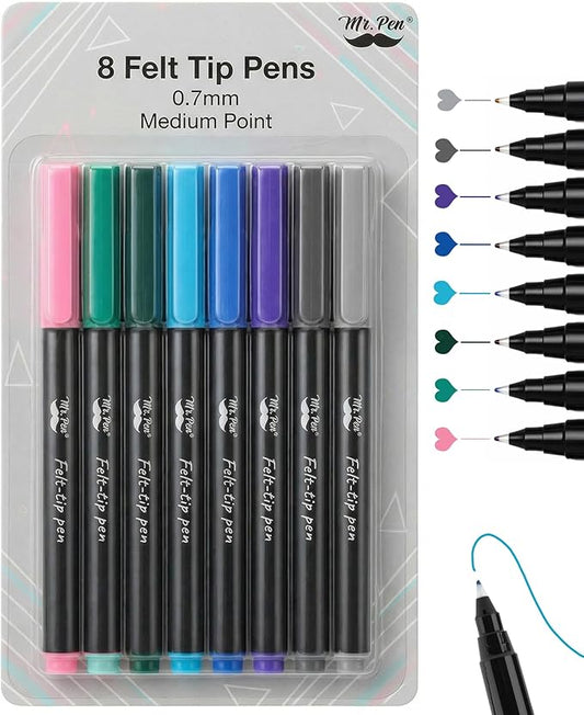 Mr. Pen- Felt Tip Pens, 8 Pack, 0.7mm Colorful Felt Pens, No Smear, Quick Dry