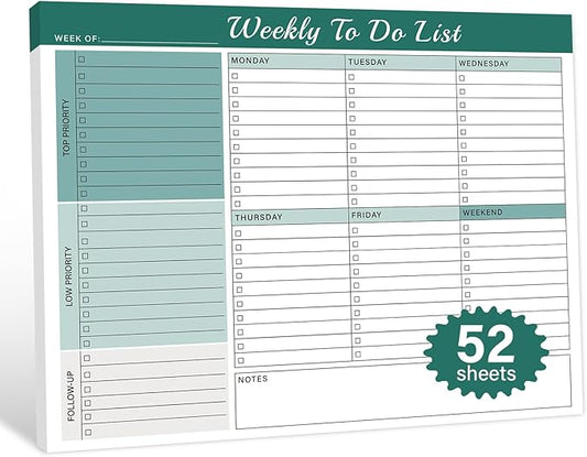 Weekly To Do List Notepad - 52 Undated Glue Bound Tear-Off Sheets (8.5"x11") for Desk Planning | Home, Work & School Organization Pad for Women & Men