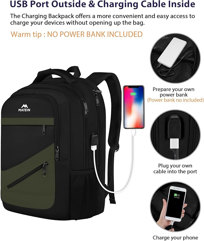 MATEIN 17 Inch Laptop Backpack for Work, Airline Approved Carry On Travel Backpack with USB Charging Port and Luggage Strap, Water Resistant College Computer Daypack Gifts for Men Women, Black Green