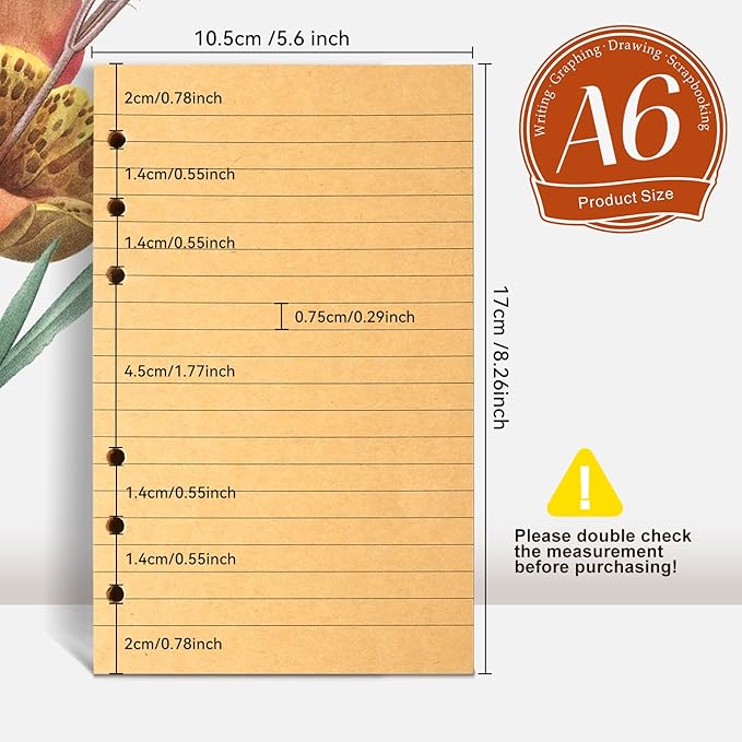 LEOBRO A6 Refill Paper, 3 Pack 45PCS Loose Leaf Lined Paper for A6 Binder Journal Notebook, Planner Inserts, with Binder Pocket, for Stationery