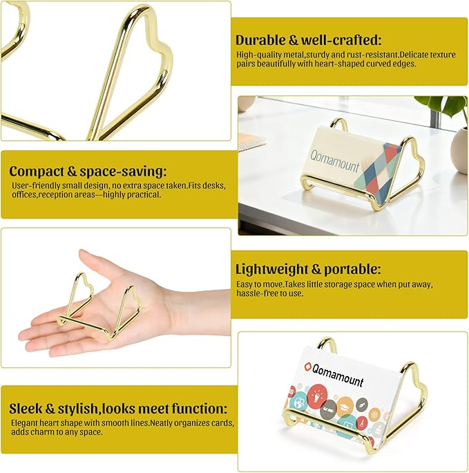 Qomamount Business Card Holder,Cute Heart-Shaped Metal Card Display Stand,Vertical Desktop Name Card Organizer,Small Phone Stand & Photo Holder for Office,Wedding,Reception,Exhibition(Gold)