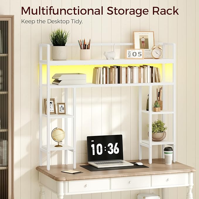 Desktop Shelf with LED Light Strip, Desktop Hutch with Adjustable Feet and Anti-Tip Kit, Storage Shelf with Particleboard Shelves and Wire Mesh, for Study, Home Office, White DSWT9801