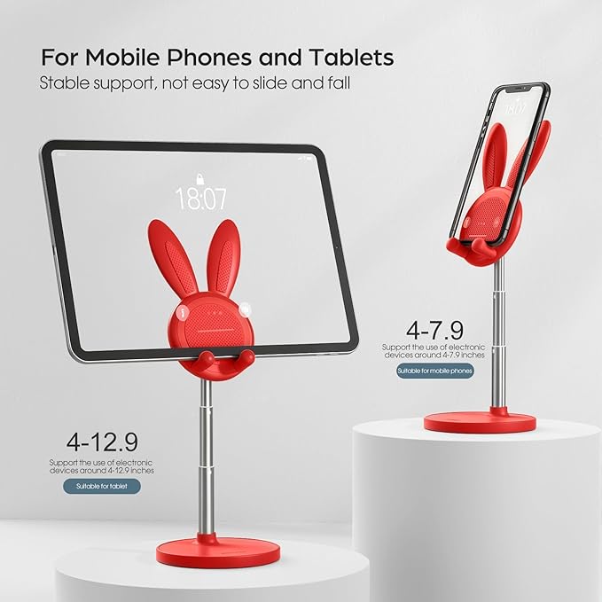 OATSBASF Cute Cell Phone Stand, Adjustable Bunny Phone Stand for Desk, Thick Case Friendly Holder Compatible with iPhone, Kindle, iPad, Switch, All Phones (Red)