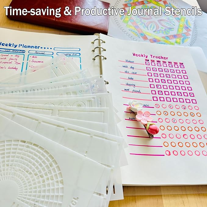 Journal Stencils, 14 PCS A5 Plastic Reusable Multi-Functional Tracker & Planner Stencils for Dotted Journals, Easily to Track Your Daily Life and Create Custom Layout for Dot Journal Notebook