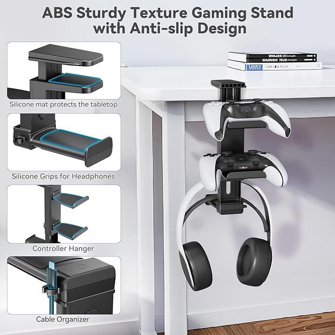 Headphone Stand & Under Desk Controller Holder with Adjustable Clamp, Controller Stand & Headset hanger for Desk Mount with 360° Rotating Hook & Cable Organizer 3-in-1 Game Organizer, PC Game Headsets