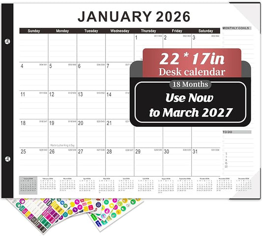 Gannyfer Desk Calendar 2026, Large 2026 Desk Calendar 22" x 17", Use Now to March 2027, 18 Monthly Academic Desktop Calendar 2026 with To-Do List, 2026 Calendar for Office, School, Home(6 Stickers)
