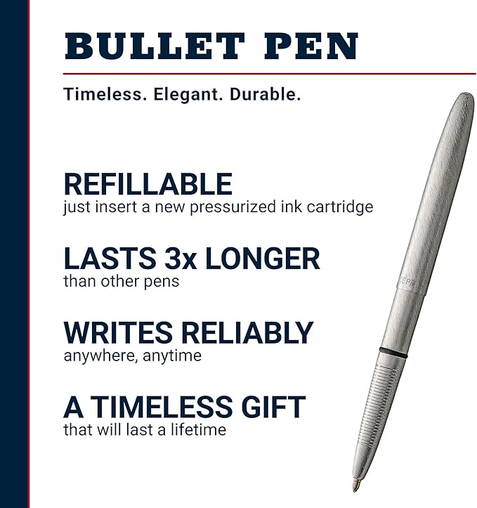 Fisher Space Pen Bullet Space Pen, Brushed Chrome Pressurized Ballpoint Pen, Compact Size, Writes Upside Down and in Extreme Temperatures, Smooth Black Ink, Medium Point, Gift Box, Made in the USA