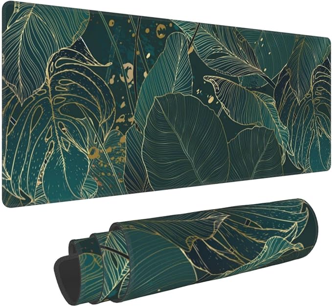Tropical Monstera Leaves Gold Green XXL XL Large Gaming Mouse Pad for Desk, Non-Slip Long Extended Keyboard Pads Mousepad Rubber Table Mat 31.5 X 11.8 Inch